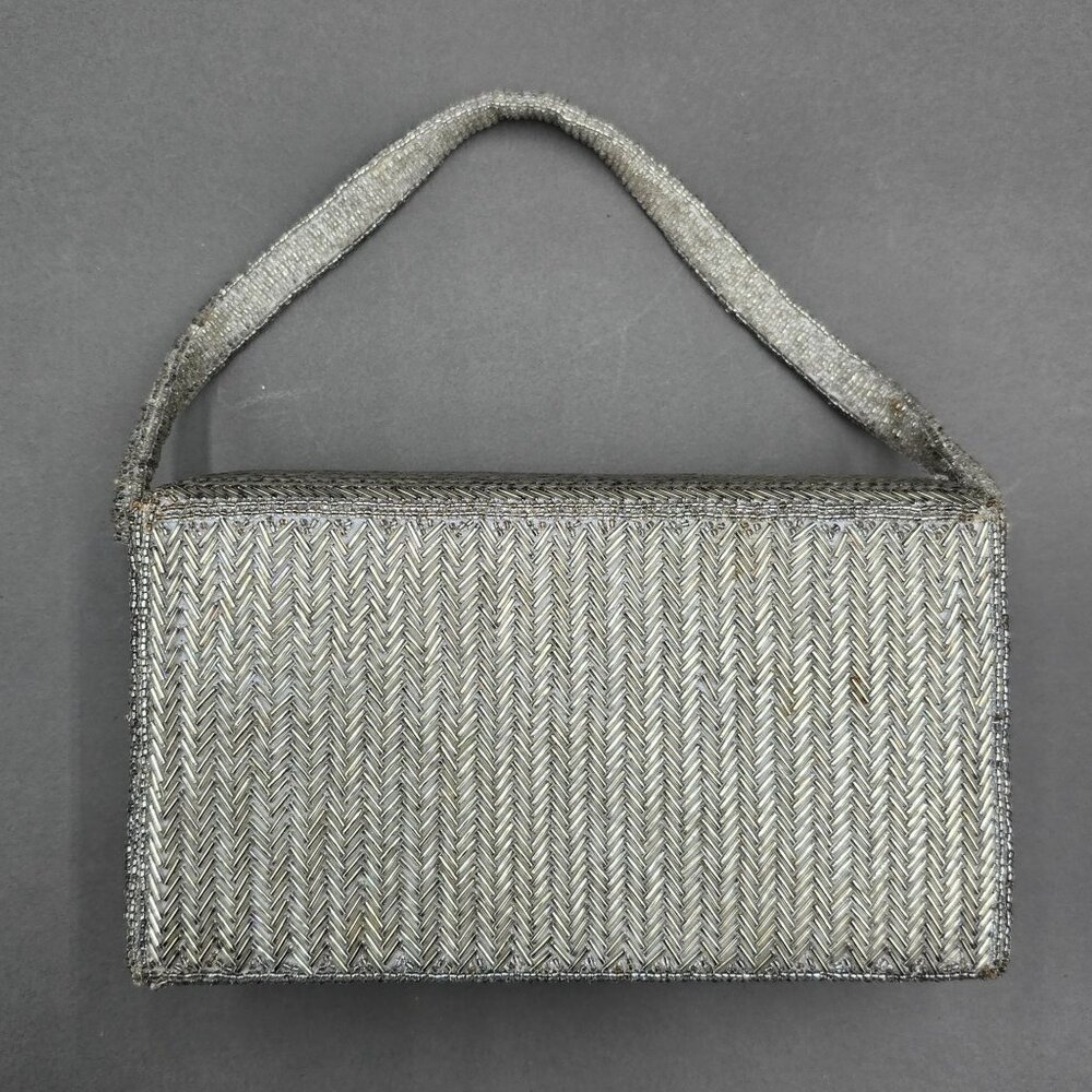 VTG Silver Beaded Herringbone Evening Bag Top Handle 50s La Regale READ - Picture 8 of 15